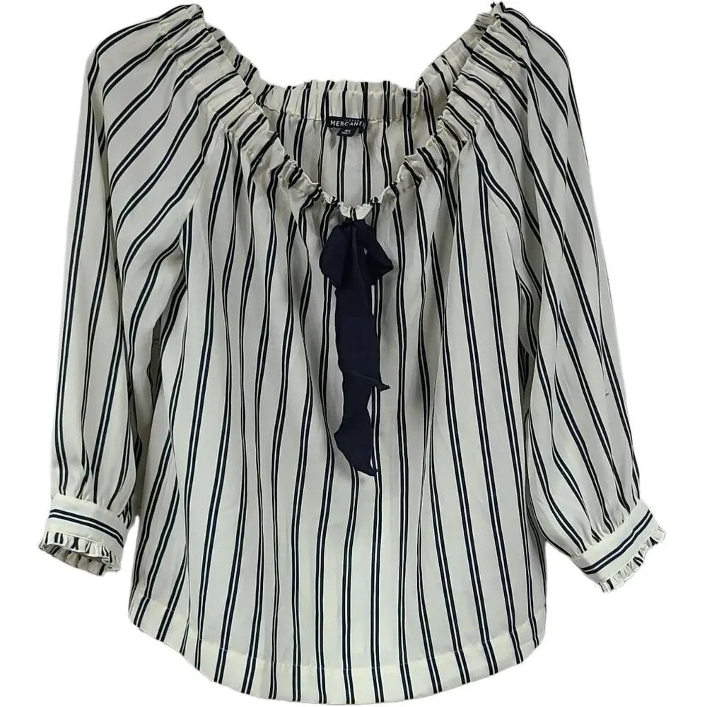 J.Crew Navy Stripe Off Shoulder Blouse Bow Tie Women’s XS Nautical Preppy Top